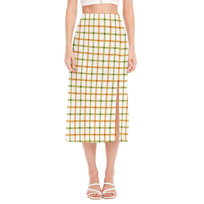 Green And Orange Tattersall Print Side Slit Midi Skirt