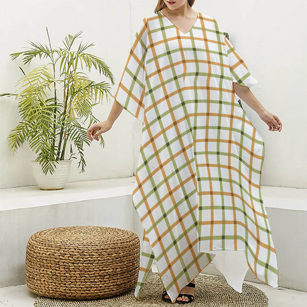 Green And Orange Tattersall Print Silk V-Neck Kaftan Dress