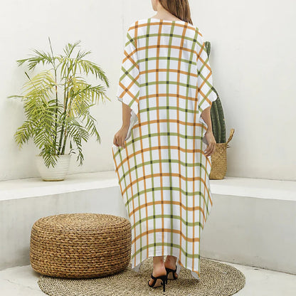 Green And Orange Tattersall Print Silk V-Neck Kaftan Dress