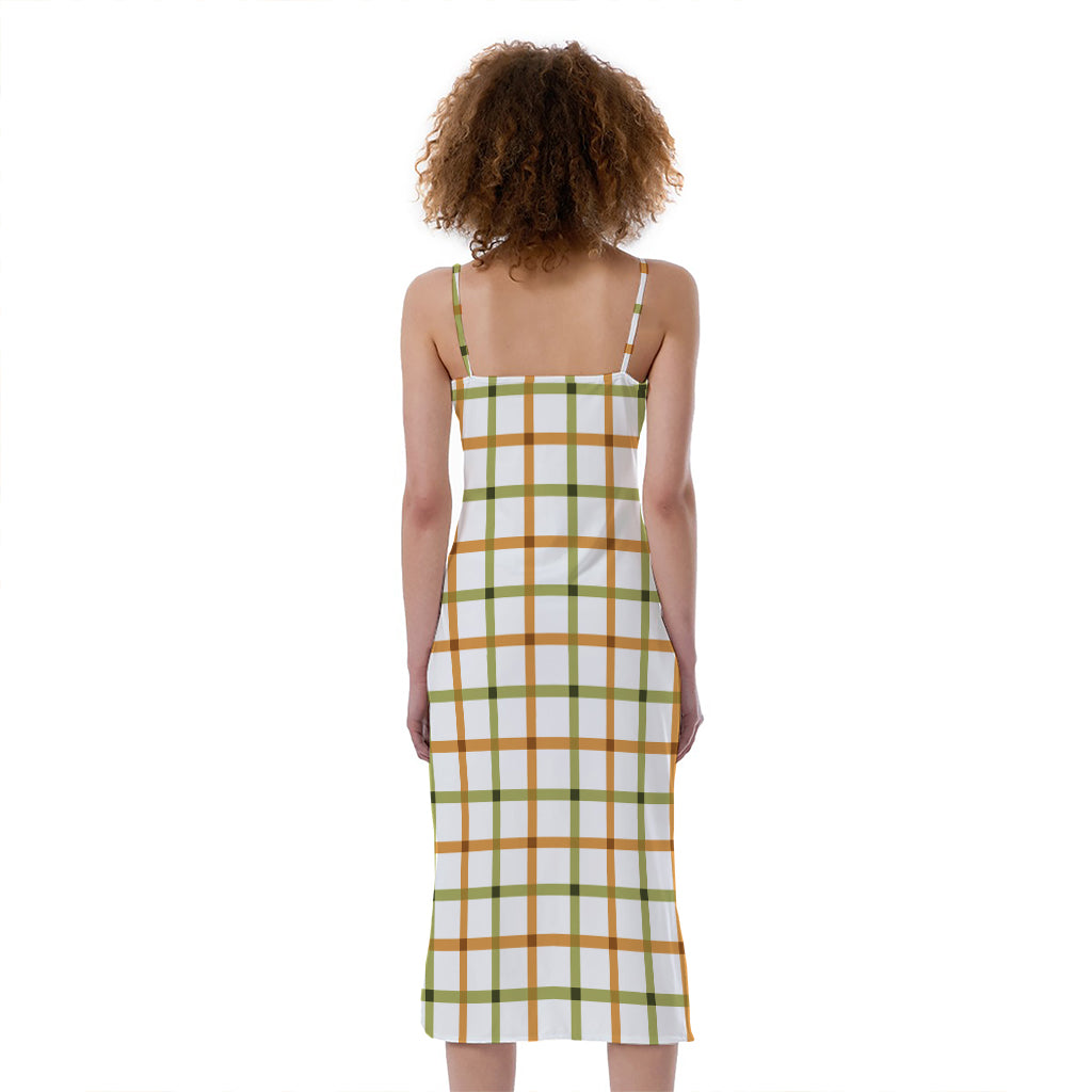 Green And Orange Tattersall Print Slim Fit Midi Cami Dress