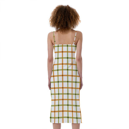 Green And Orange Tattersall Print Slim Fit Midi Cami Dress
