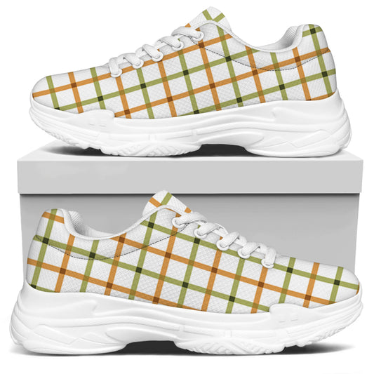 Green And Orange Tattersall Print White Chunky Shoes