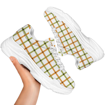 Green And Orange Tattersall Print White Chunky Shoes
