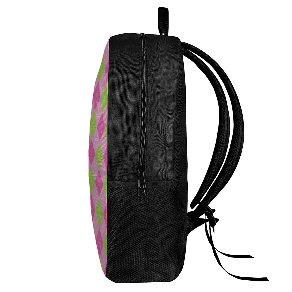 Green And Pink Argyle Pattern Print 17 Inch Backpack