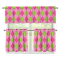 Green And Pink Argyle Pattern Print 3 Piece Kitchen Curtains