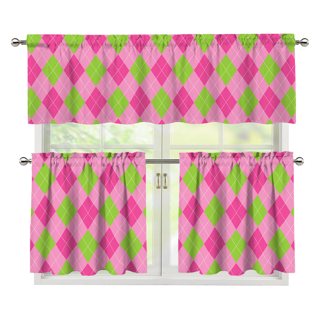 Green And Pink Argyle Pattern Print 3 Piece Kitchen Curtains