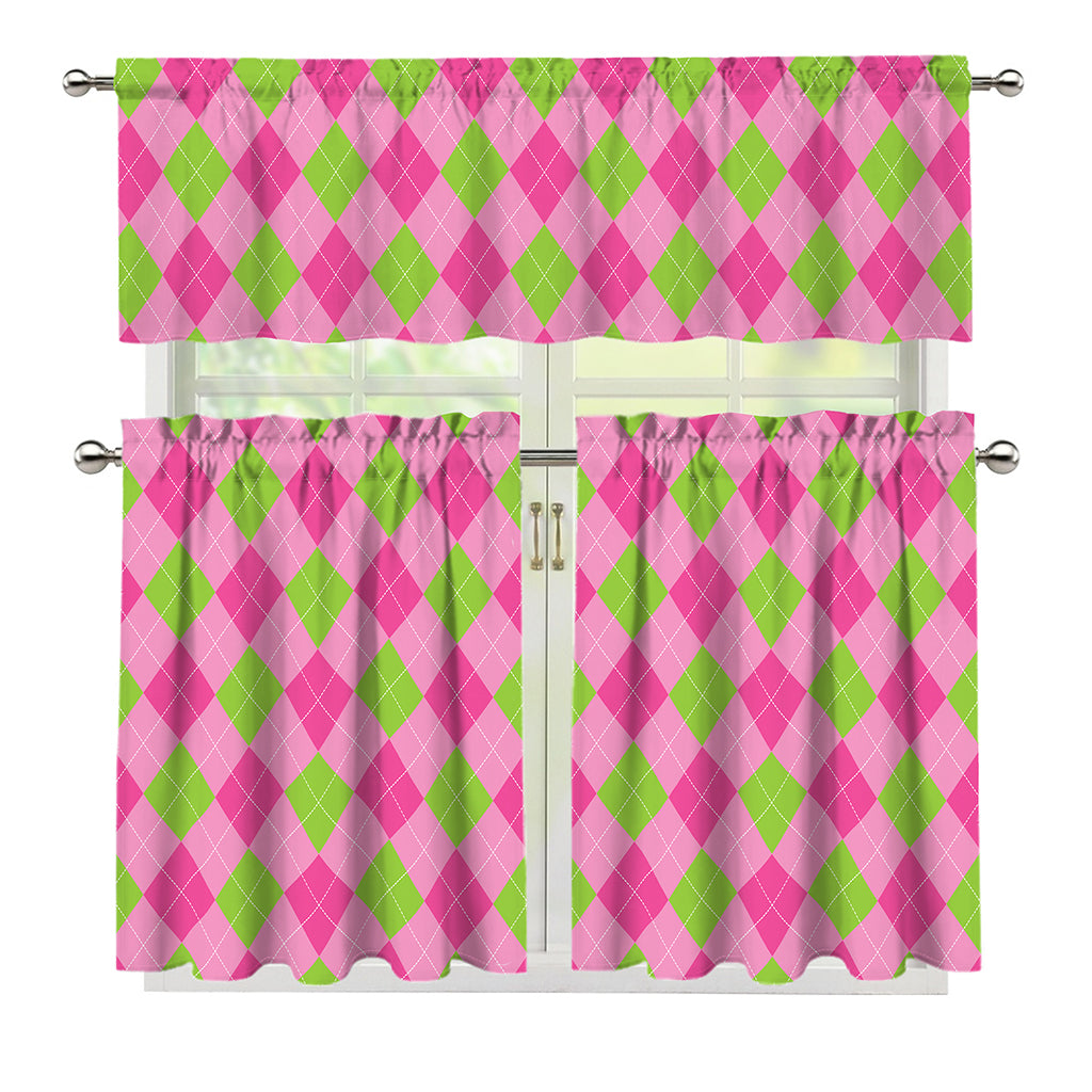 Green And Pink Argyle Pattern Print 3 Piece Kitchen Curtains