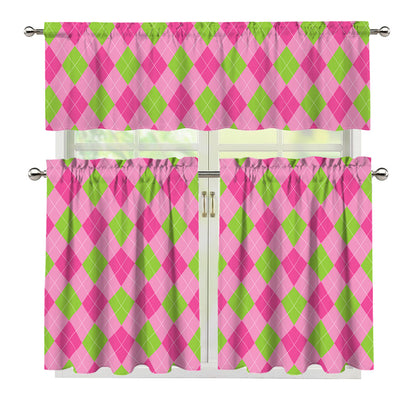 Green And Pink Argyle Pattern Print 3 Piece Kitchen Curtains