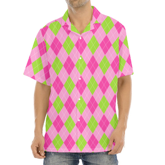 Green And Pink Argyle Pattern Print Aloha Shirt