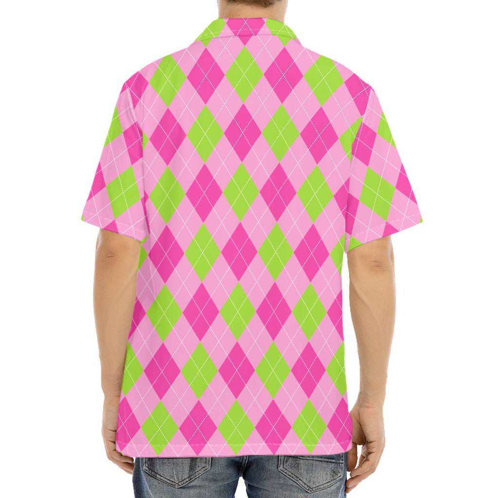 Green And Pink Argyle Pattern Print Aloha Shirt