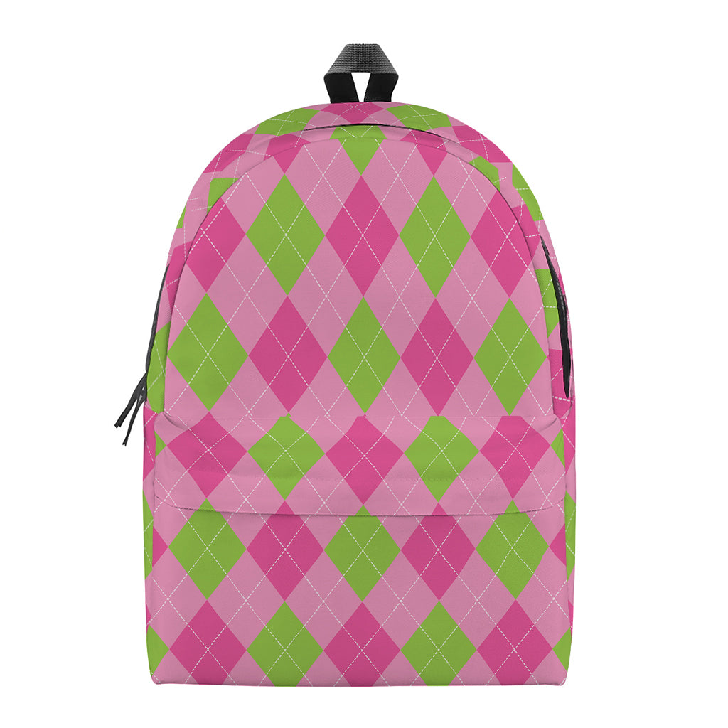 Green And Pink Argyle Pattern Print Backpack