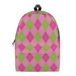 Green And Pink Argyle Pattern Print Backpack