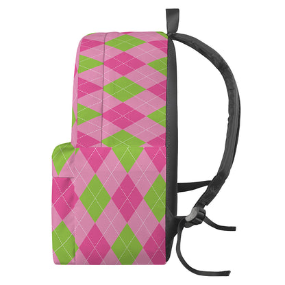 Green And Pink Argyle Pattern Print Backpack