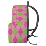 Green And Pink Argyle Pattern Print Backpack