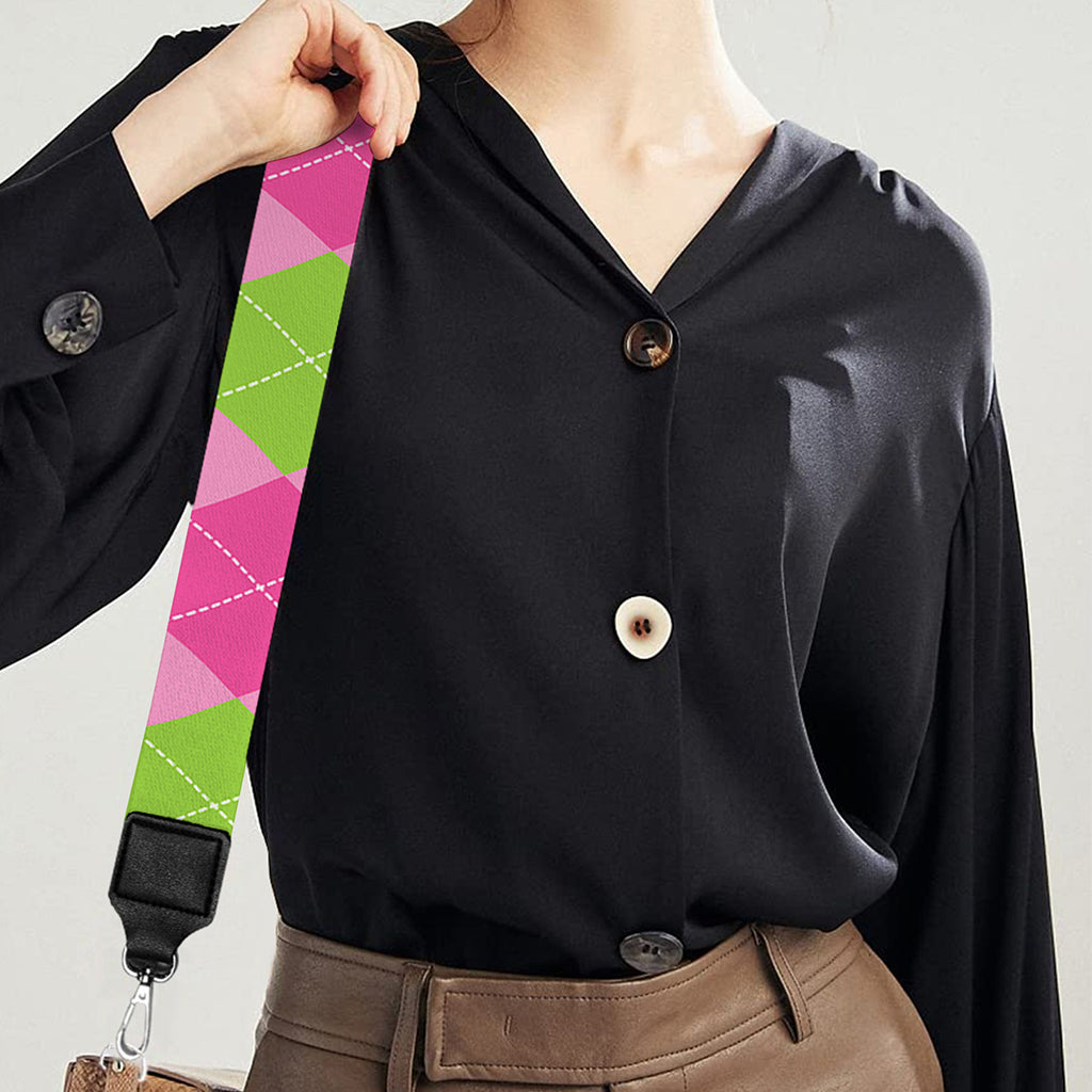 Green And Pink Argyle Pattern Print Bag Strap