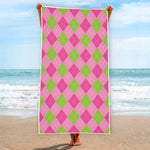 Green And Pink Argyle Pattern Print Beach Towel