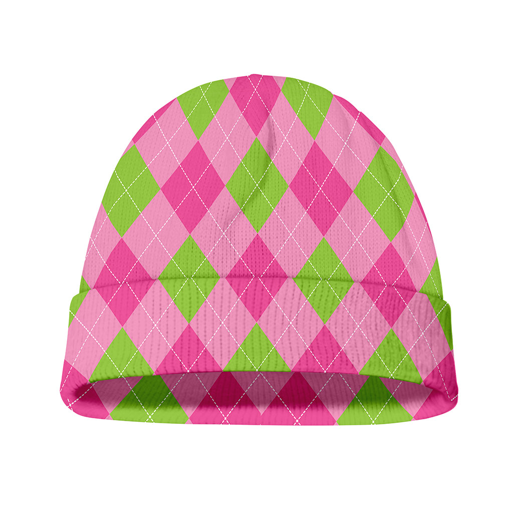 Green And Pink Argyle Pattern Print Beanie