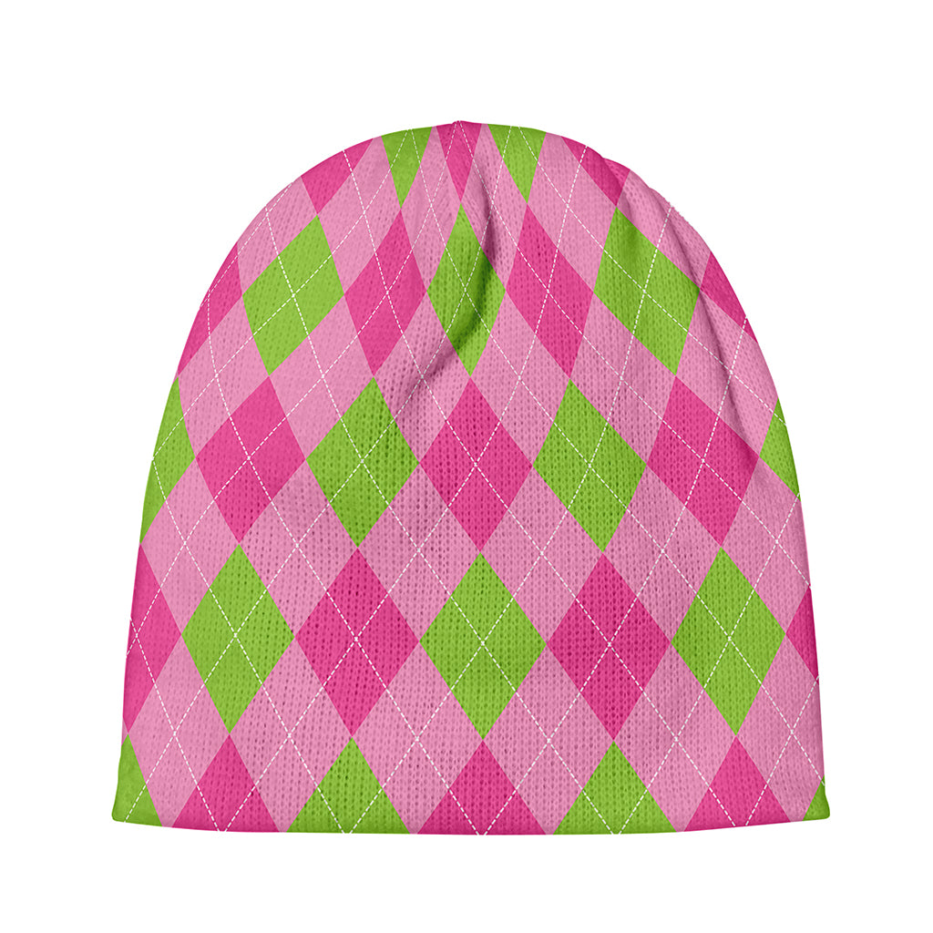 Green And Pink Argyle Pattern Print Beanie