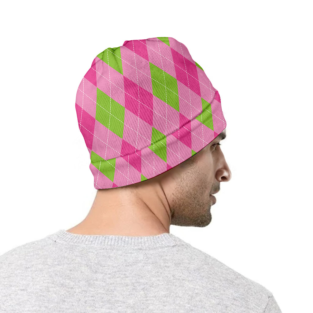 Green And Pink Argyle Pattern Print Beanie