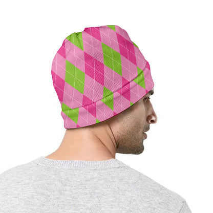 Green And Pink Argyle Pattern Print Beanie