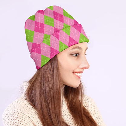 Green And Pink Argyle Pattern Print Beanie