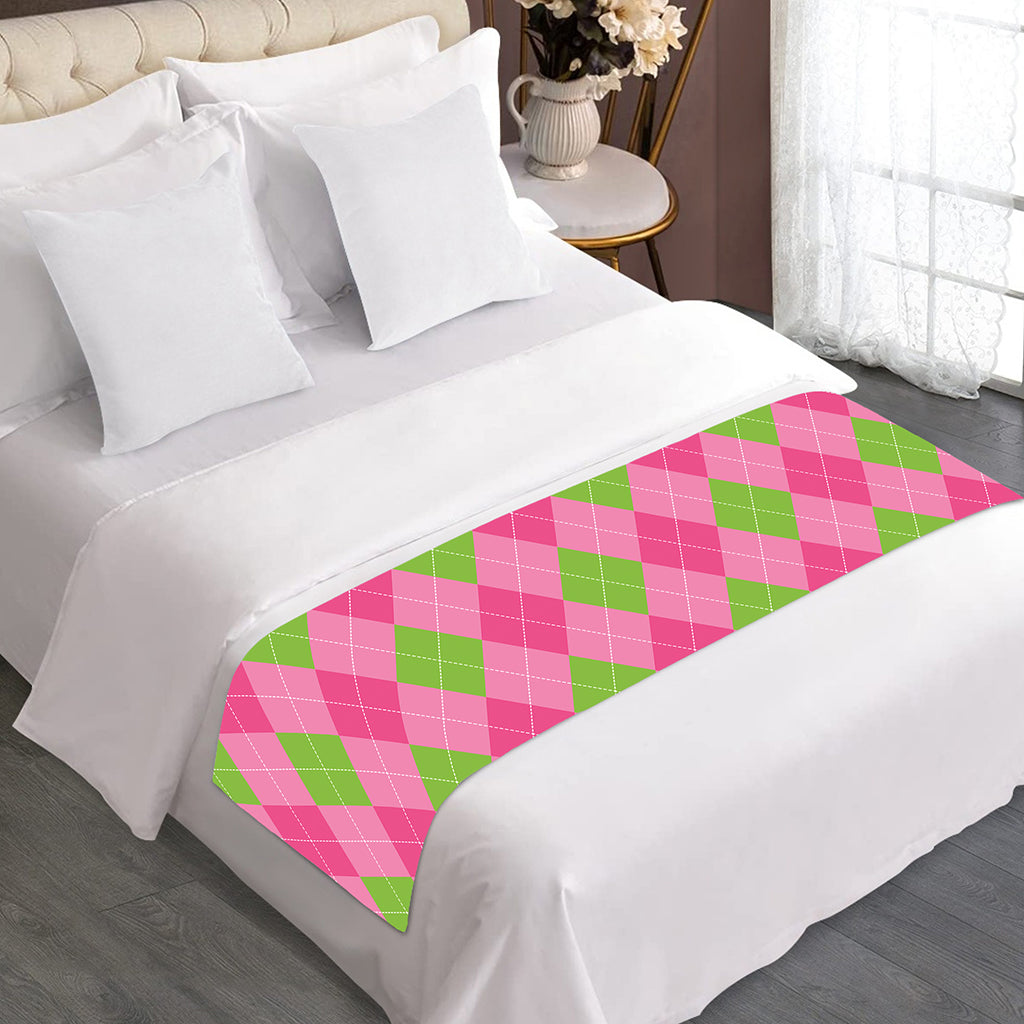 Green And Pink Argyle Pattern Print Bed Runner