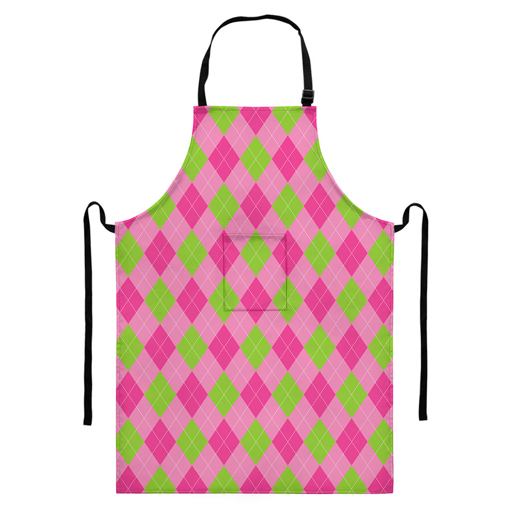 Green And Pink Argyle Pattern Print Bib Apron With Pocket