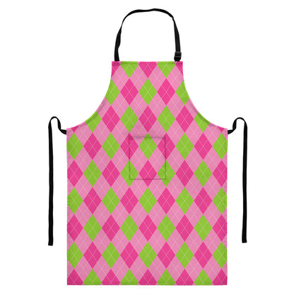 Green And Pink Argyle Pattern Print Bib Apron With Pocket