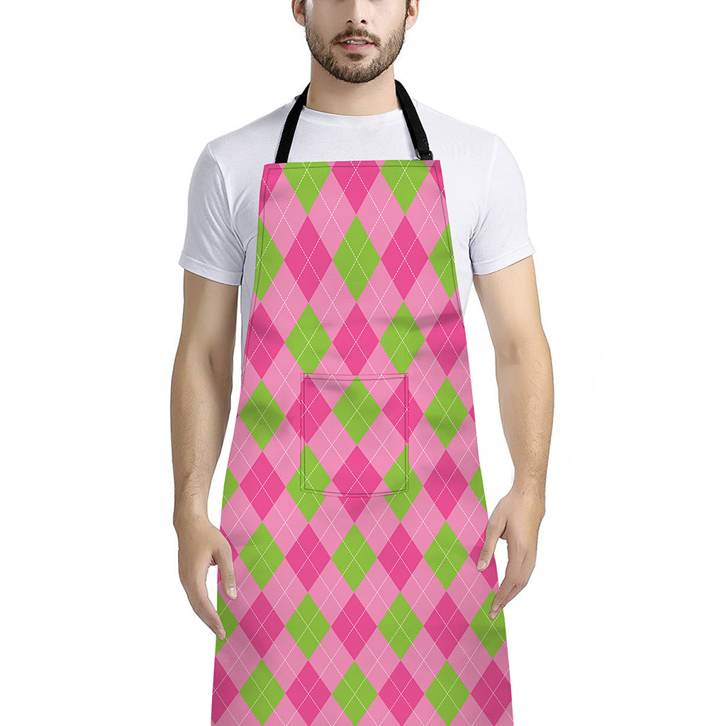 Green And Pink Argyle Pattern Print Bib Apron With Pocket