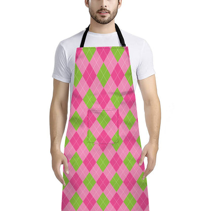 Green And Pink Argyle Pattern Print Bib Apron With Pocket