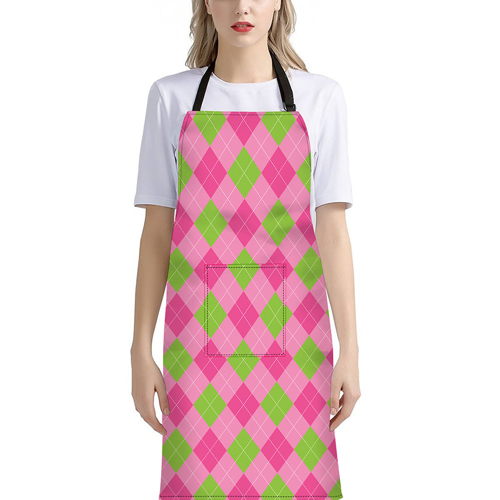 Green And Pink Argyle Pattern Print Bib Apron With Pocket