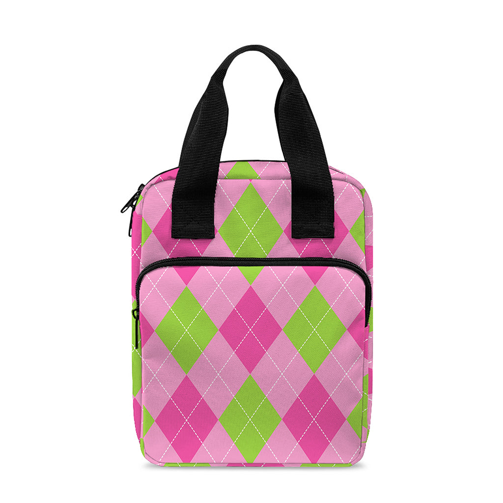 Green And Pink Argyle Pattern Print Bible Tote Bag