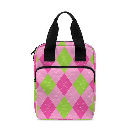 Green And Pink Argyle Pattern Print Bible Tote Bag
