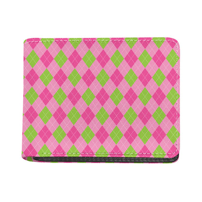Green And Pink Argyle Pattern Print Bifold Wallet
