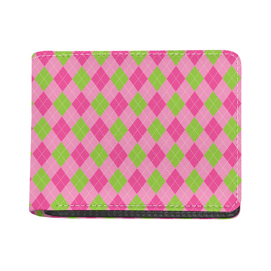 Green And Pink Argyle Pattern Print Bifold Wallet