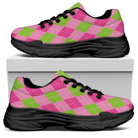 Green And Pink Argyle Pattern Print Black Chunky Shoes