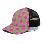 Green And Pink Argyle Pattern Print Black Mesh Trucker Cap