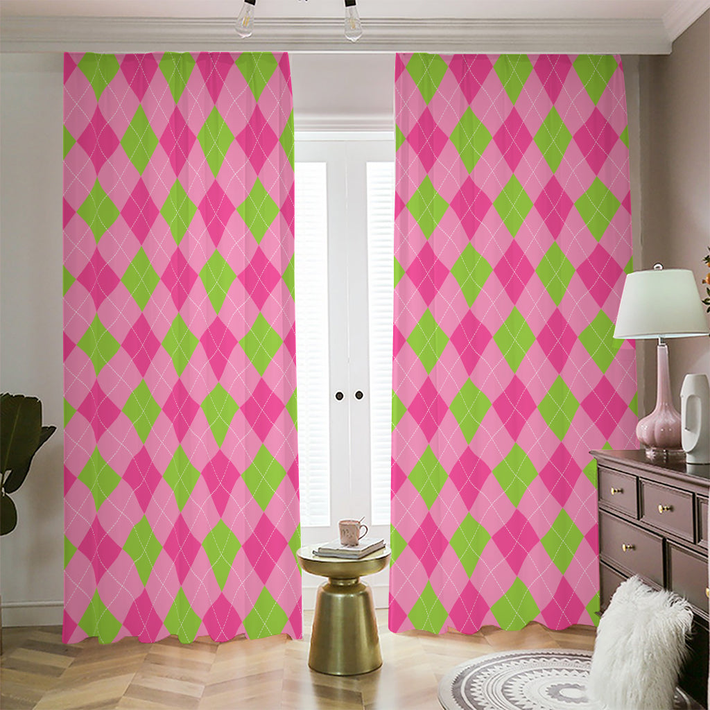 Green And Pink Argyle Pattern Print Blackout Pencil Pleat Curtains