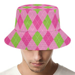 Green And Pink Argyle Pattern Print Bucket Hat