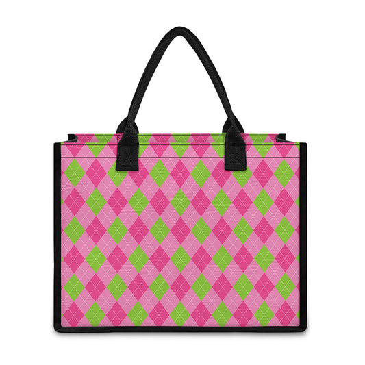 Green And Pink Argyle Pattern Print Canvas Tote Bag