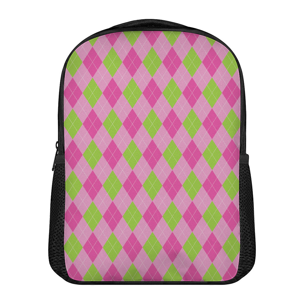 Green And Pink Argyle Pattern Print Casual Backpack