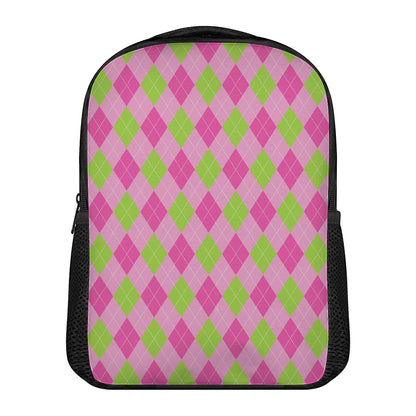 Green And Pink Argyle Pattern Print Casual Backpack