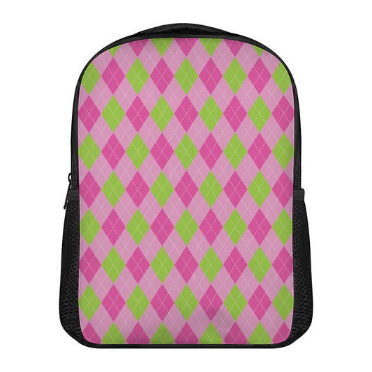 Green And Pink Argyle Pattern Print Casual Backpack