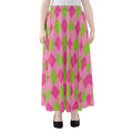 Green And Pink Argyle Pattern Print Chiffon Maxi Skirt