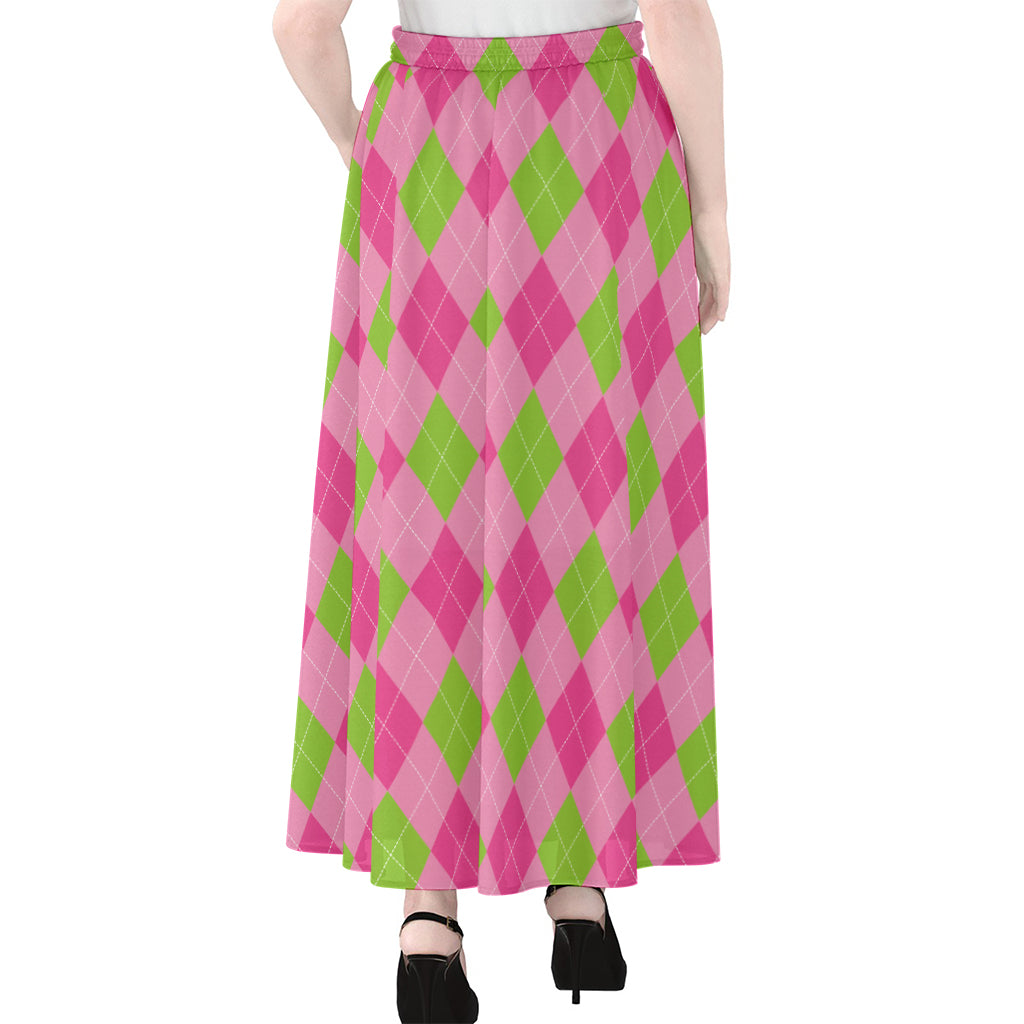 Green And Pink Argyle Pattern Print Chiffon Maxi Skirt