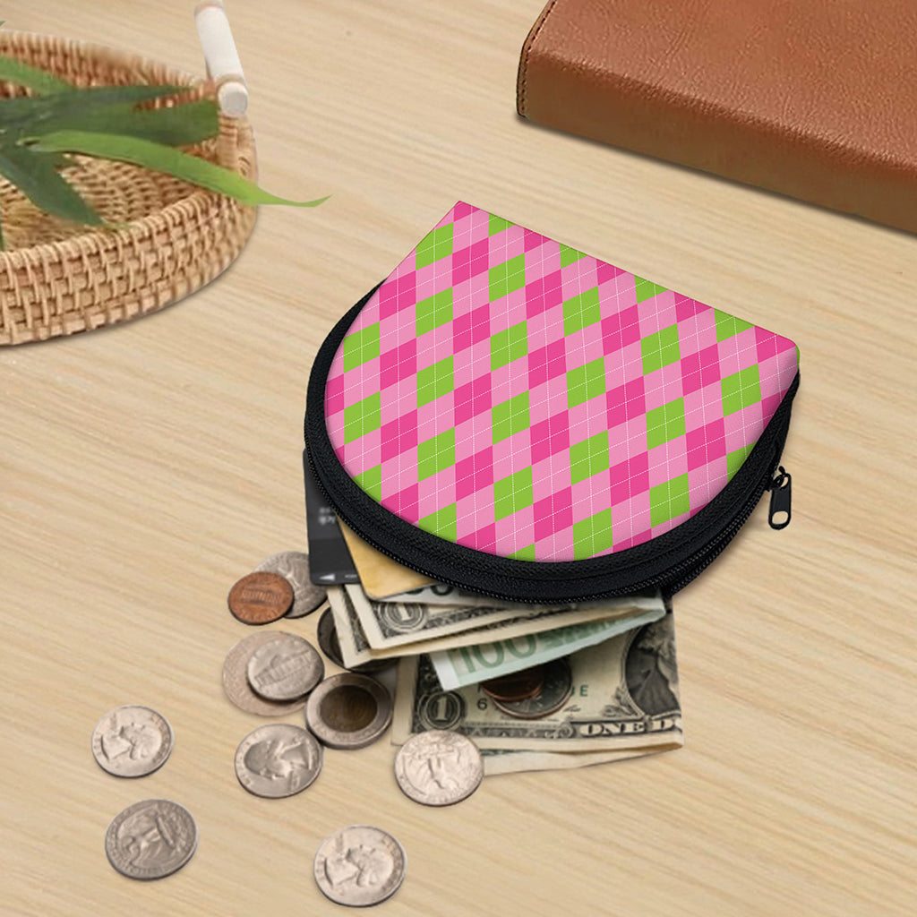 Green And Pink Argyle Pattern Print Coin Purse