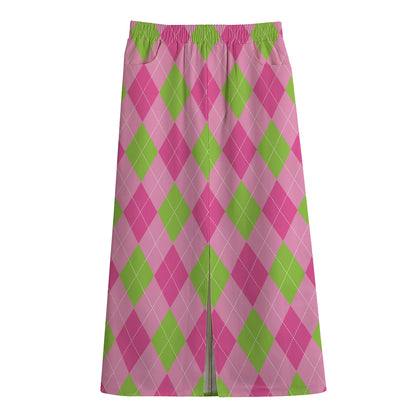 Green And Pink Argyle Pattern Print Cotton Front Slit Maxi Skirt