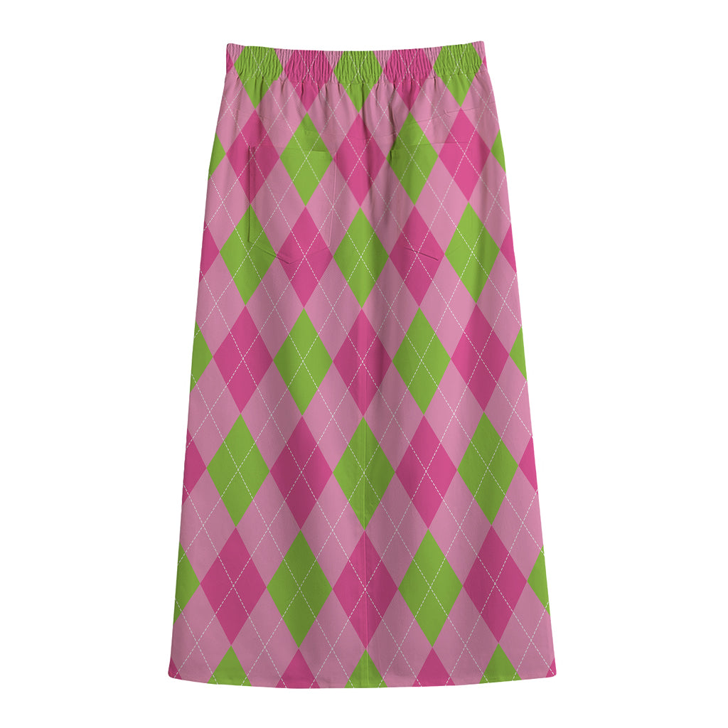 Green And Pink Argyle Pattern Print Cotton Front Slit Maxi Skirt
