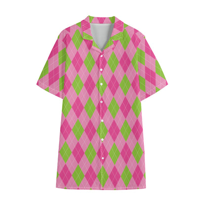 Green And Pink Argyle Pattern Print Cotton Hawaiian Shirt
