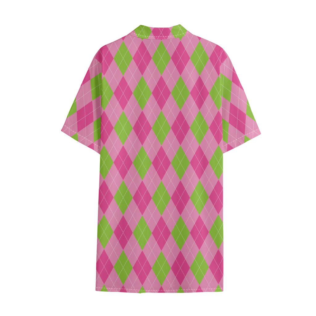 Green And Pink Argyle Pattern Print Cotton Hawaiian Shirt